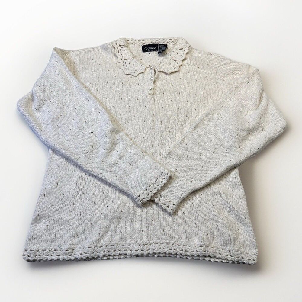 Vintage Gotham Silk Angora Knit Sweater M Cream Crochet Collar 80s Top